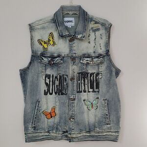 SUGARHILL Denim Vest Womens XL Graphic Print Colorful Embroidery Butterflies